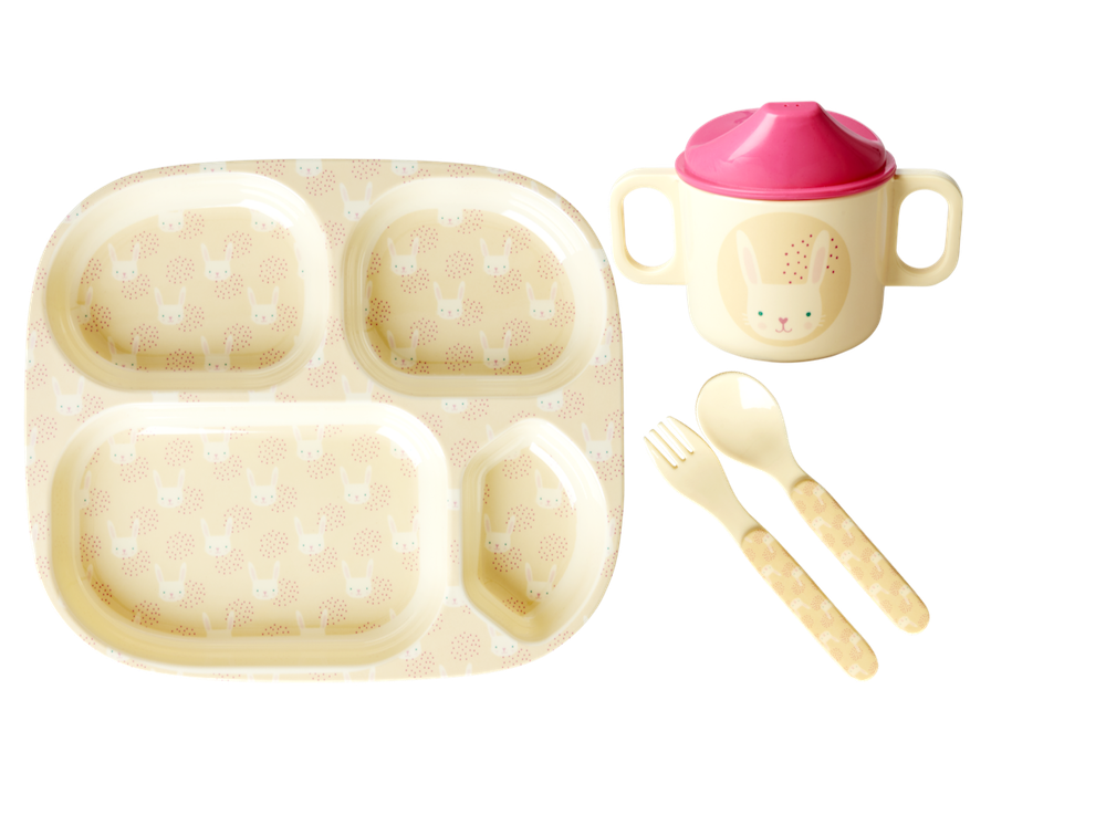 Rabbit Print Baby 4 Piece Melamine Dinner Set in Gift Box By Rice